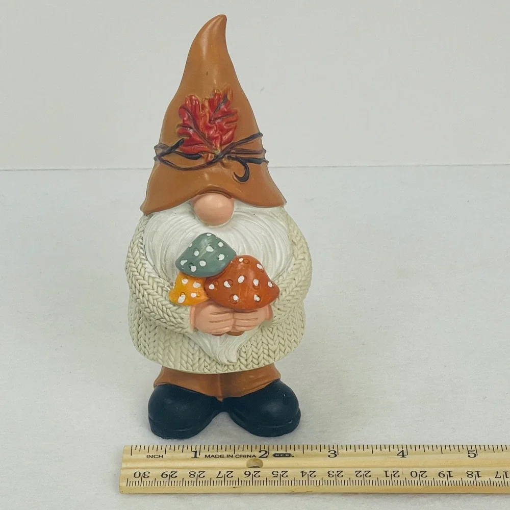 Fall Gnome Figurine Autumn Decor Cable Knit Sweater Mushrooms Brown Hat 6.5 Inch